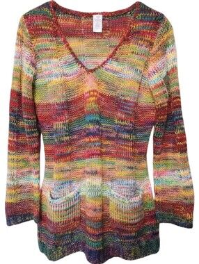 BOBBIE BROOKS Vintage Y2K Knit Space Dye Tunic Sweater V-Neck Pockets Small S